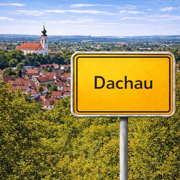 Gelbes Ortsschild Dachau mit Stadt im Hintergrund