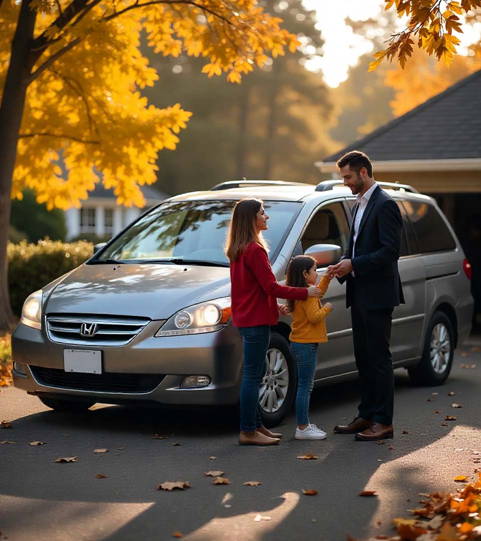 Eine Familie übergibt ein Auto an einen Händler beim Autoankauf Dachau vor dem Haus